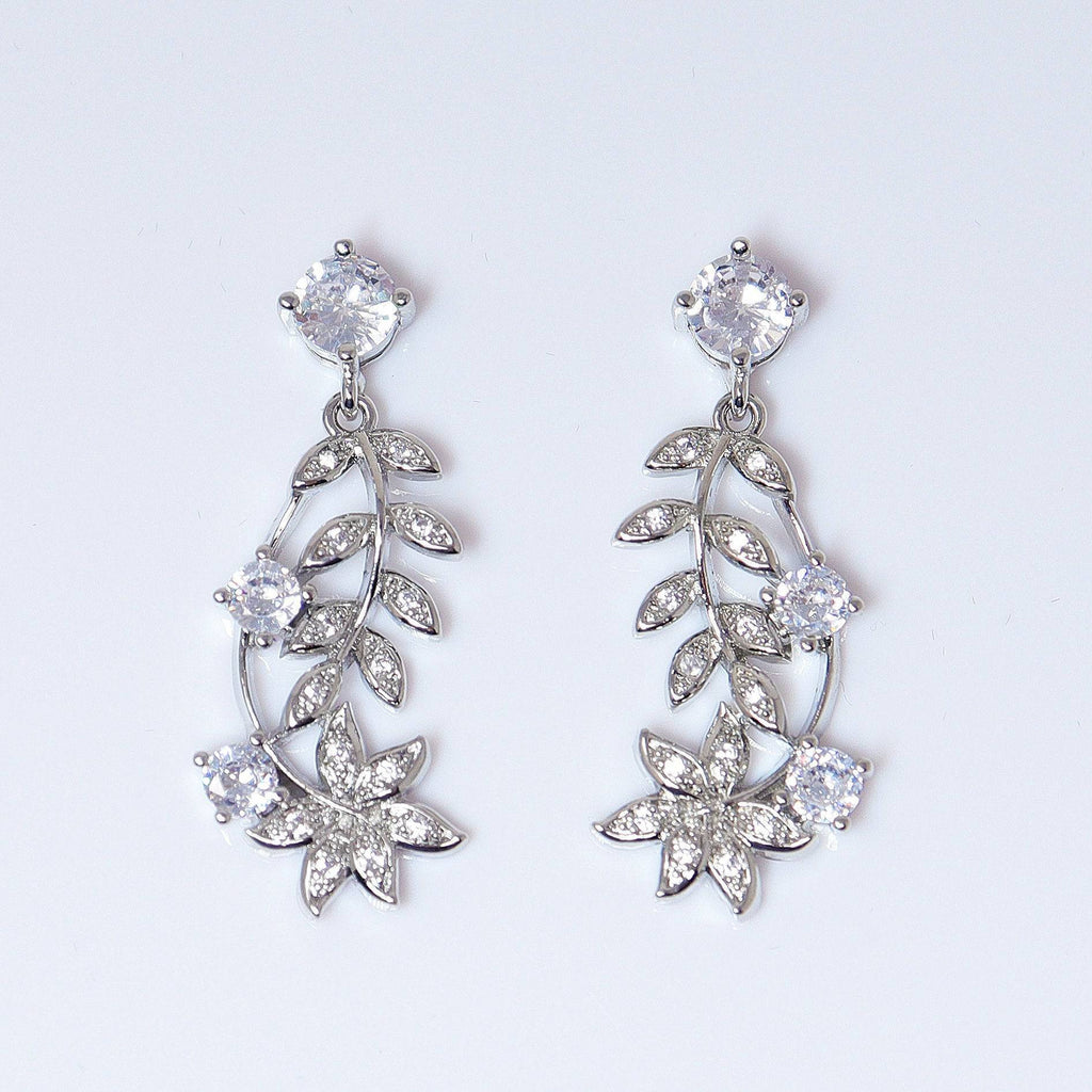 Swarovski Dancing Floral Vine Leaves Necklace, Long Bridal Jewelry, Bridal Earrings And Necklace, Statement Earrings Cz Necklace Set.
