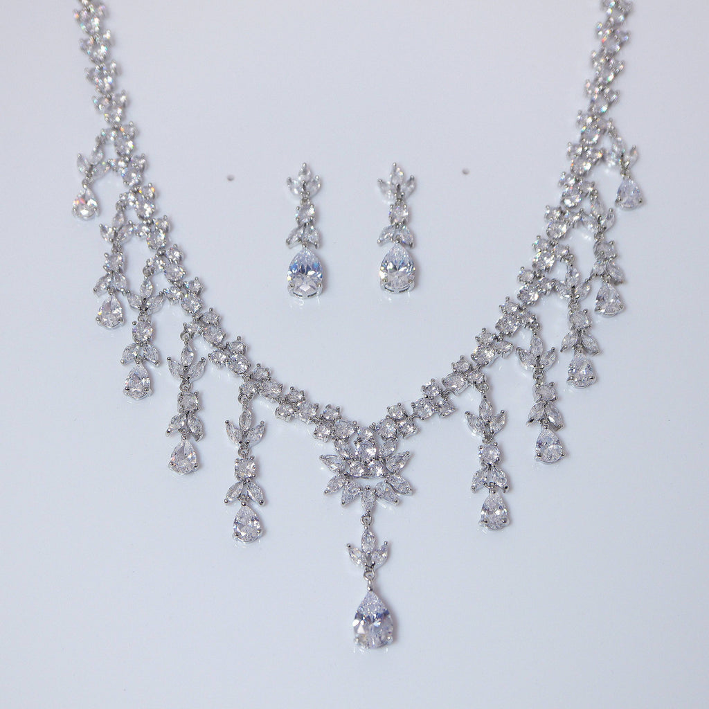 Swarovski Heavenly Floral Leaves Necklace set, Long Bridal Jewelry, Bridal Earrings And Necklace, Statement Earrings Cz Necklace Set.