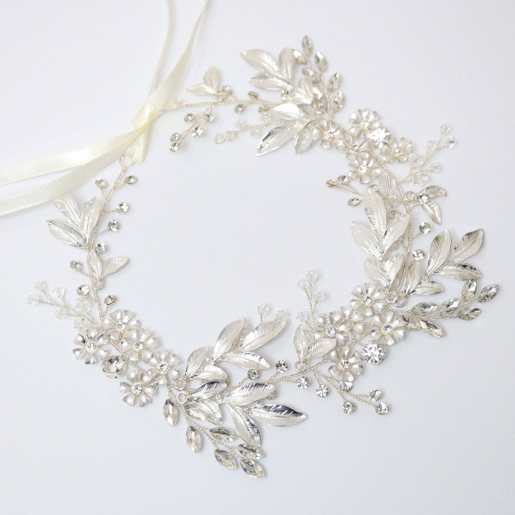 Swarovski Crystals Floral Leaves Garden Wedding Hair Vine, Pearl Bridal Hair Vine, Rhinestone Headband, Statement hair accessories.