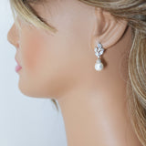 Cubic Zirconia White Pearl drop Dainty stud Earrings, Bridal Jewelry, Bridal Stud Earrings, Crystal Bridal Earrings, Statement Earrings Cz