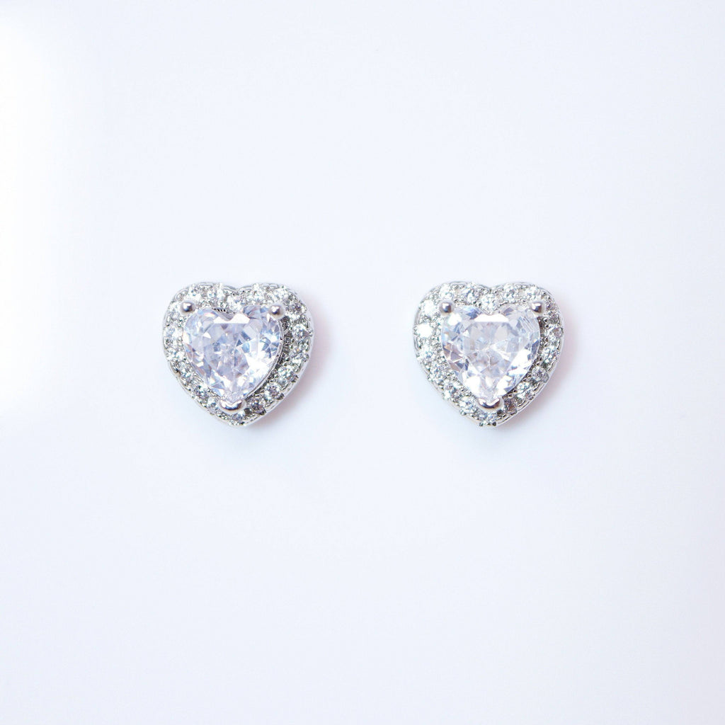 Cubic Zirconia Heart stud Earrings, Bridal Jewelry, Bridal Stud Earrings, Crystal Bridal Earrings, Statement Earrings Cz