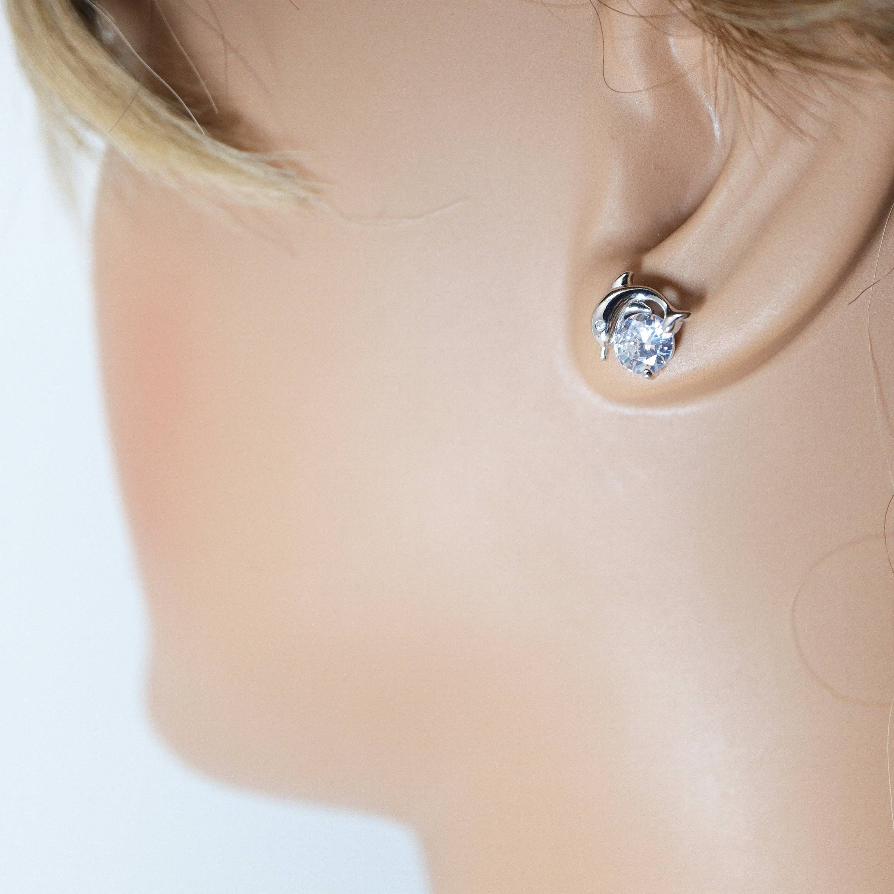 Cubic Zirconia Silver Dainty Dolphin stud Earrings, Bridal Jewelry, Bridal Stud Earrings, Crystal Bridal Earrings, Statement Earrings Cz