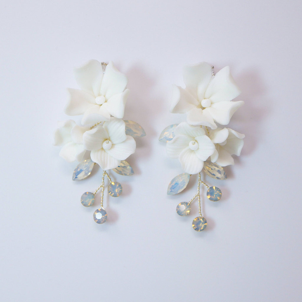 Swarovski Ceramic Opal White Flower Sparkling Crystal Long Bridal Jewelry Crystal Bridal Earrings Statement Earrings Cz