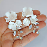 Clip on CZ Opal Ceramic White Flower Sparkling Crystal Long Bridal Jewelry Opal Bridal Earrings Opal Statement Earrings