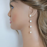 4 Freshwater Cultured pearl Bezel Earrings, 14k gold plated Long Bridal Jewelry, Sterling Silver Pearl Bridal Earrings, Statement Earrings.