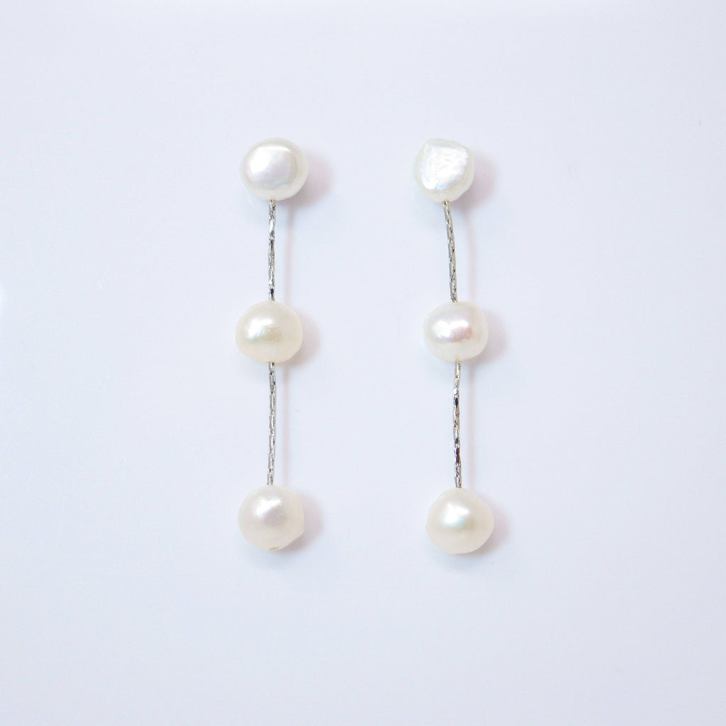 3 Freshwater Cultured pearl Bezel Earrings, Long Bridal Jewelry, Sterling Silver Pearl Bridal Earrings, Statement Earrings.