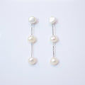 3 Freshwater Cultured pearl Bezel Earrings, Long Bridal Jewelry, Sterling Silver Pearl Bridal Earrings, Statement Earrings.