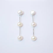 3 Freshwater Cultured pearl Bezel Earrings, Long Bridal Jewelry, Sterling Silver Pearl Bridal Earrings, Statement Earrings.