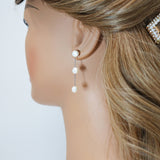 3 Freshwater Cultured pearl Bezel Earrings, Long Bridal Jewelry, Sterling Silver Pearl Bridal Earrings, Statement Earrings.