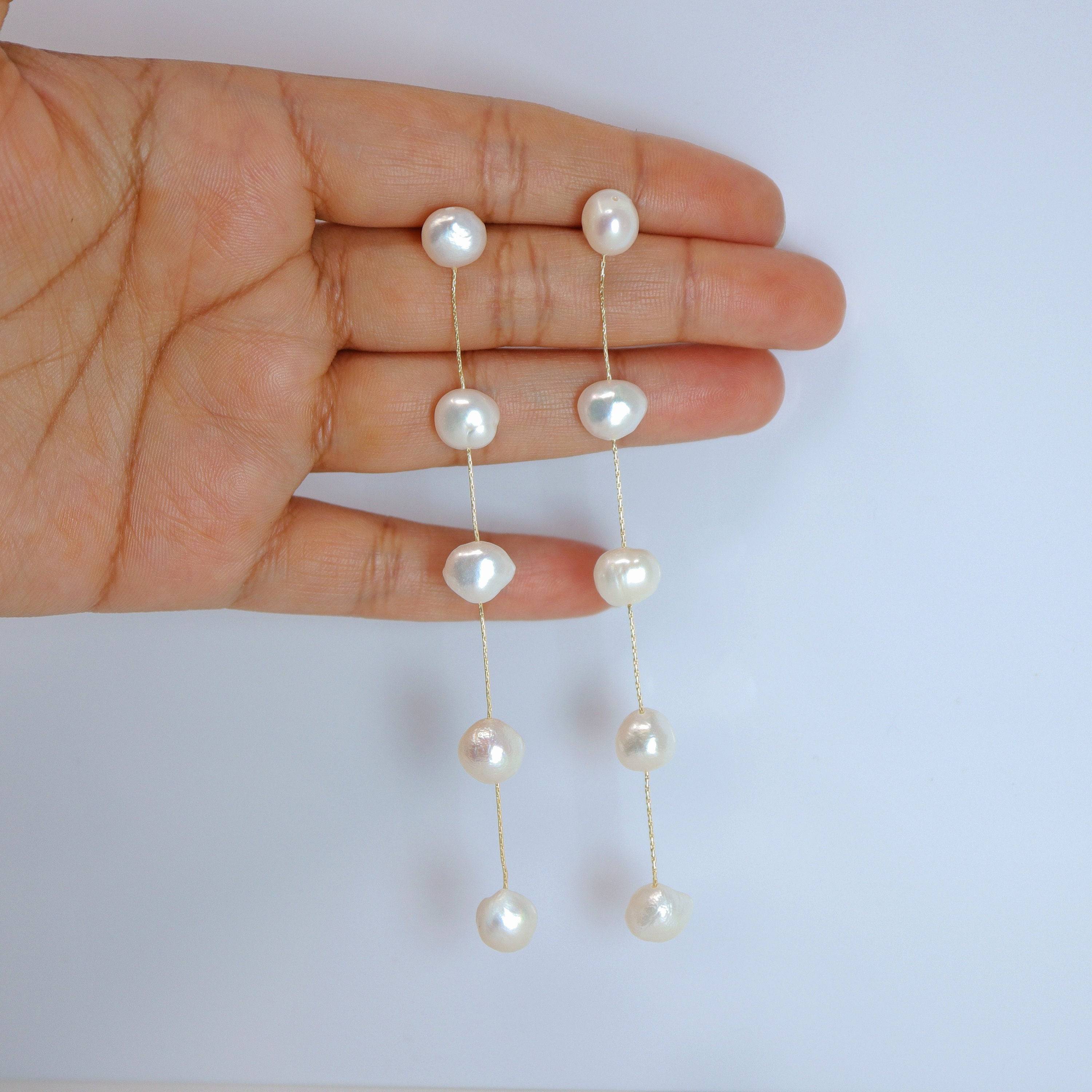 14k gold Plated 5 Large Freshwater Cultured pearl Bezel Earrings,Long Bridal Jewelry, Pearl Bridal Earrings, Statement Earrings.