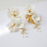 Natural Cultured Freshwater Pearl White Flower Earrings, Long Bridal Jewelry Crystal Bridal Earrings Statement Earrings