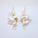 Natural Cultured Freshwater Pearl White Flower Earrings, Long Bridal Jewelry Crystal Bridal Earrings Statement Earrings