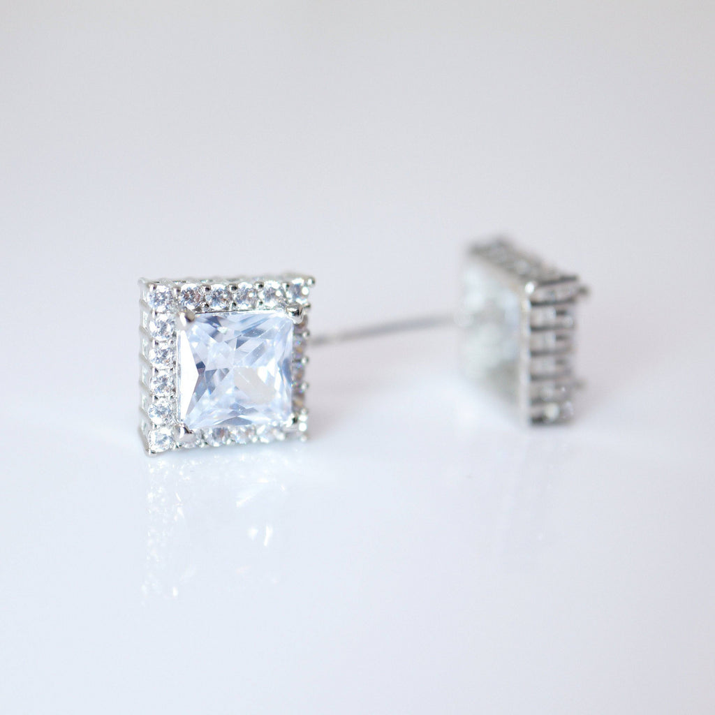 Cubic Zirconia Square stud Earrings, Bridal Jewelry, Bridal Stud Earrings, Crystal Bridal Earrings, Statement Earrings Cz