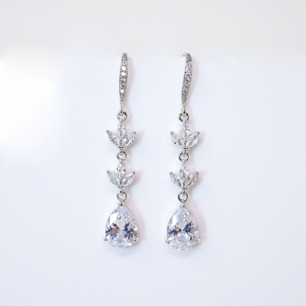 Cubic Zirconia Dainty Diamond Drop Crystal, Diamond Leaves Earrings, Long Bridal Jewelry, Bridal Earrings, Crystal Bridal Earrings Cz