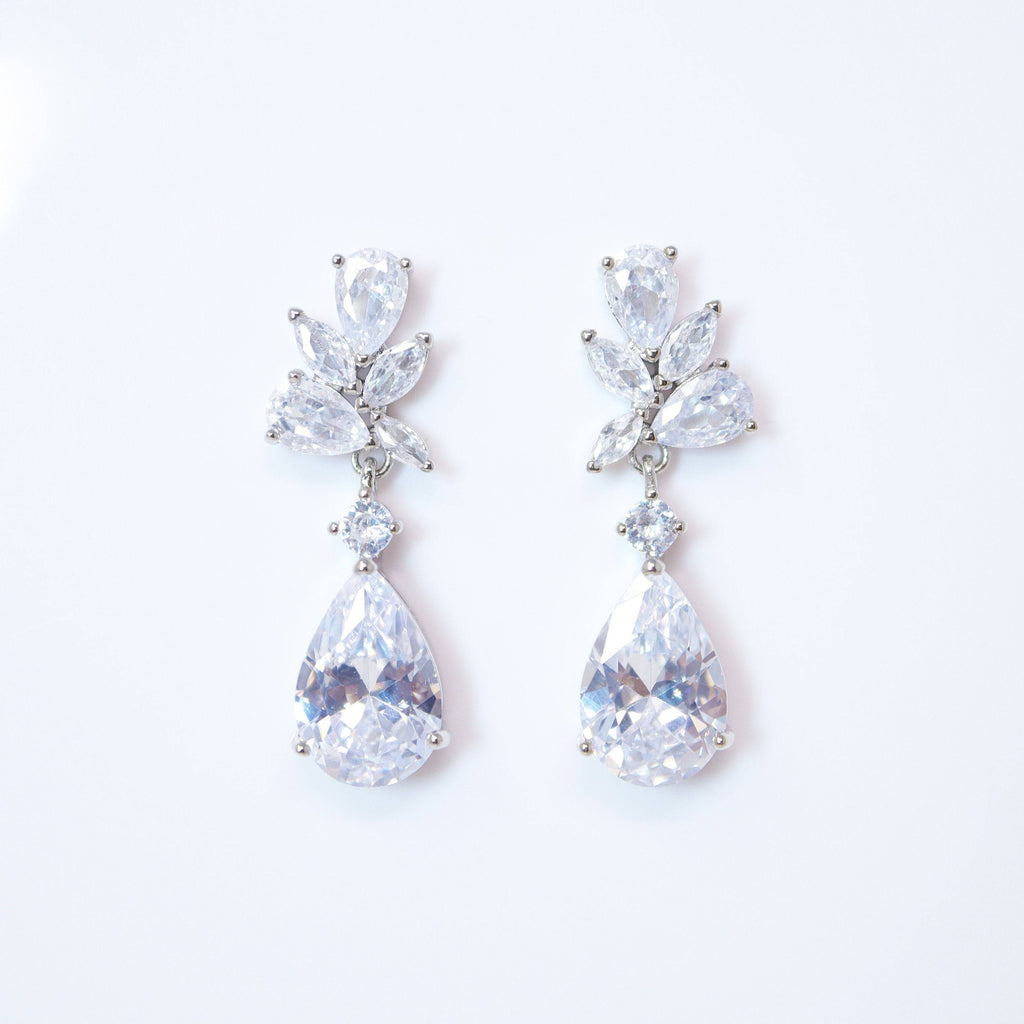 Cubic Zirconia Diamond Leaves TearDrop Earrings, Bridal Jewelry, Bridal Earrings, Crystal Bridal Earrings, Statement Earrings Cz