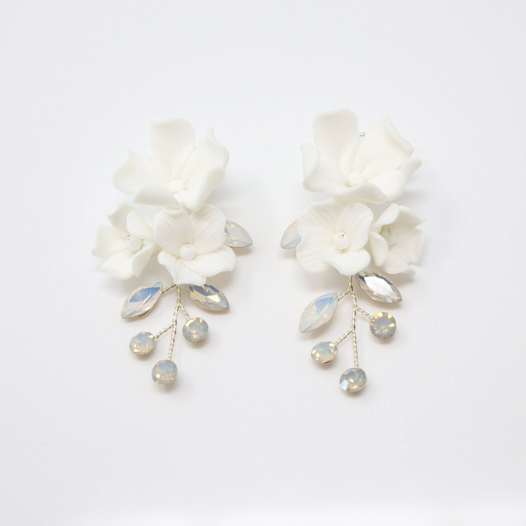 Swarovski Ceramic Opal White Flower Sparkling Crystal Long Bridal Jewelry Crystal Bridal Earrings Statement Earrings Cz