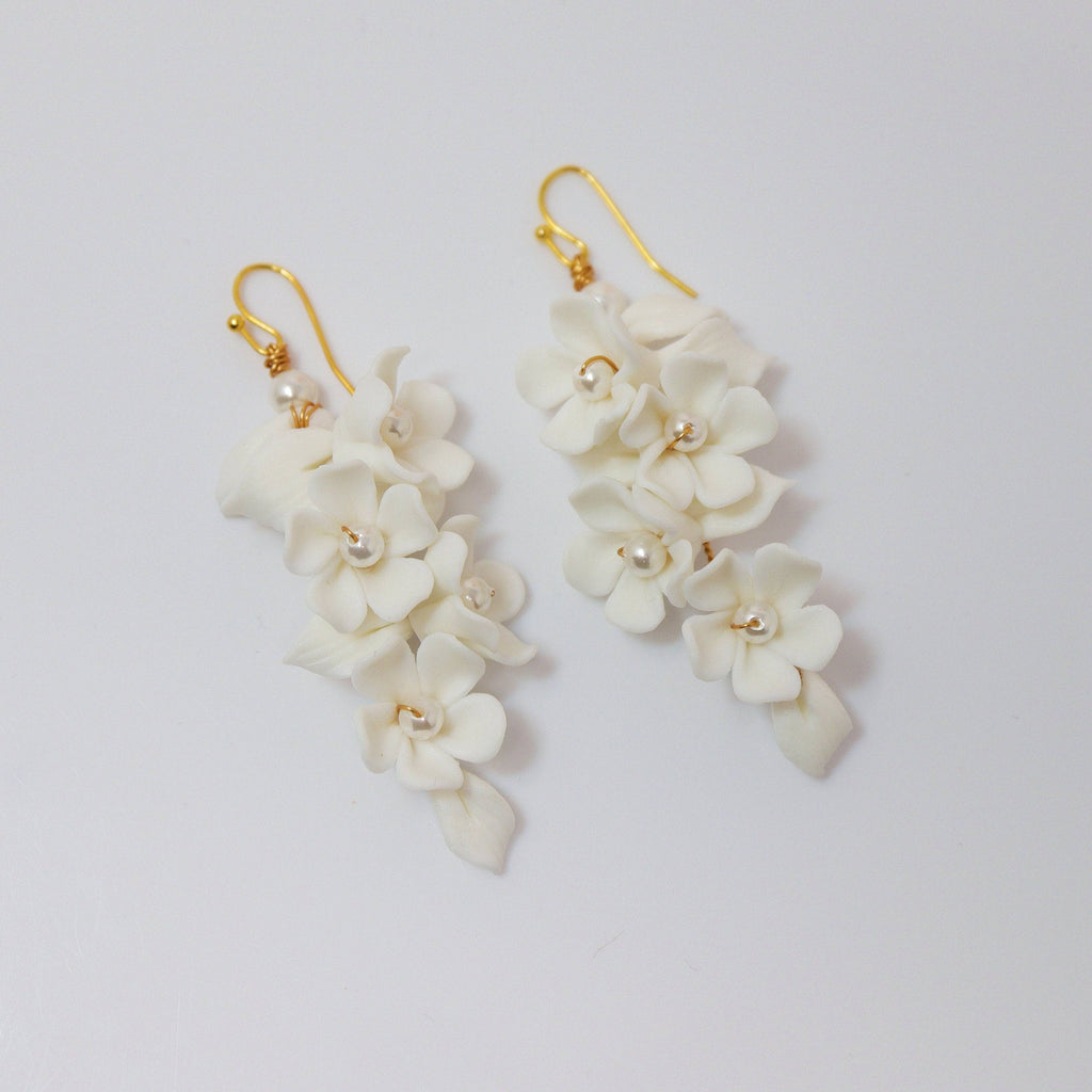 White Flower Petals Pearl Earrings, Long Bridal Jewelry Bridal Earrings Crystal Bridal Earrings Statement Earrings Cz