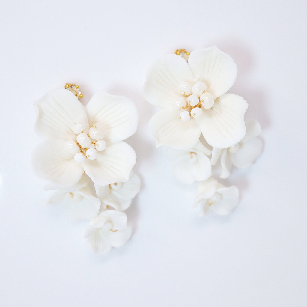 Swarovski Ceramic White Flower Pearl Sparkling Crystal Long Bridal Jewelry Crystal Bridal Earrings Statement Earrings Cz