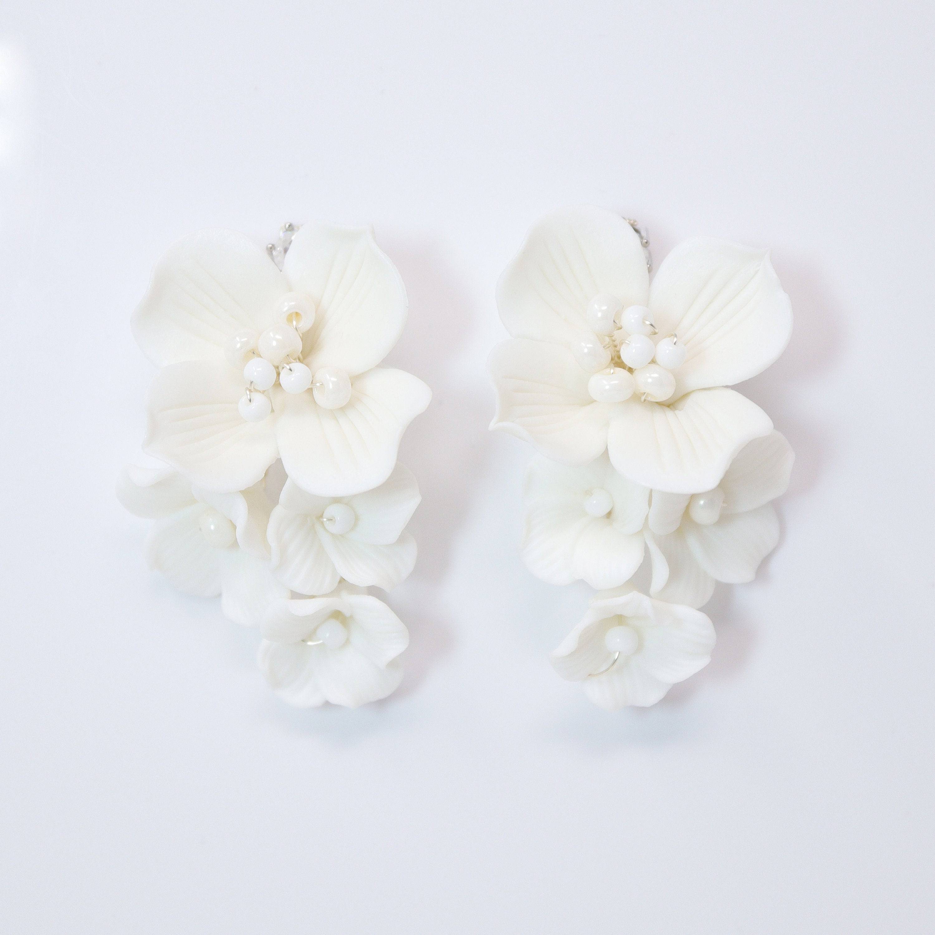 Swarovski Ceramic White Flower Pearl Sparkling Crystal Long Bridal Jewelry Crystal Bridal Earrings Statement Earrings Cz