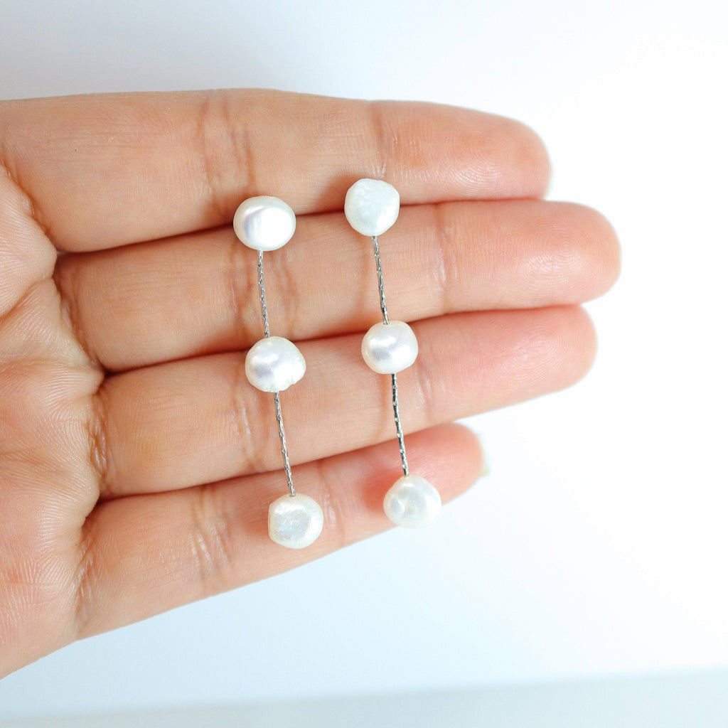 3 Freshwater Cultured pearl Bezel Earrings, Long Bridal Jewelry, Sterling Silver Pearl Bridal Earrings, Statement Earrings.