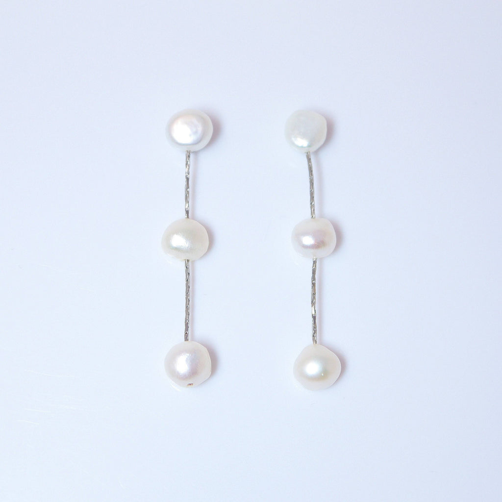 3 Freshwater Cultured pearl Bezel Earrings, Long Bridal Jewelry, Sterling Silver Pearl Bridal Earrings, Statement Earrings.