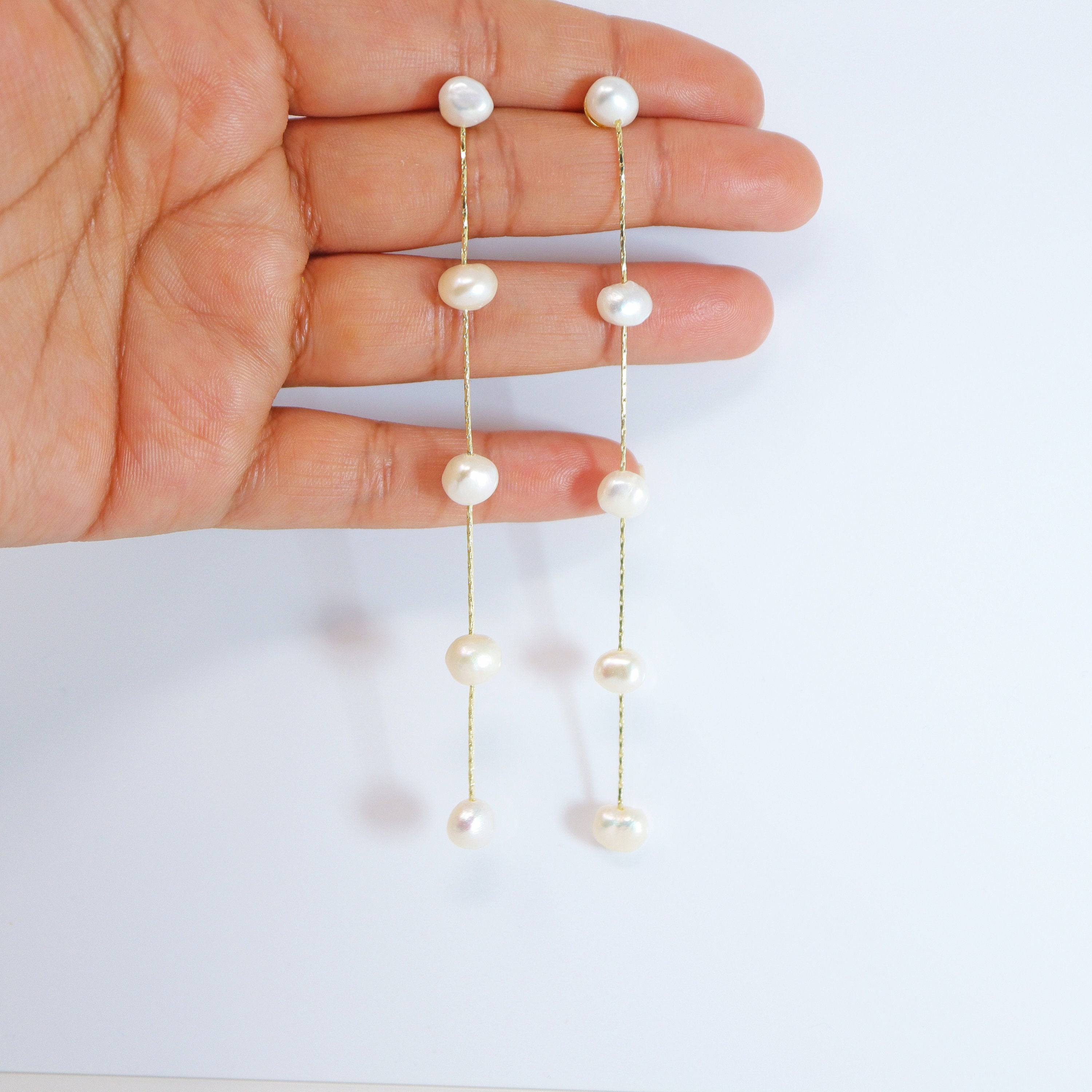 14k Gold 5 Freshwater Cultured pearl Bezel Earrings, Long Bridal Jewelry, Sterling Silver Pearl Bridal Earrings, Statement Earrings.