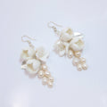 Freshwater Cultured Pearl Ceramic White Flower Dangle Earrings, Long Bridal Jewelry Opal Bridal Earrings Opal Statement Earrings