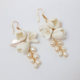 Freshwater Cultured Pearl Ceramic White Flower Dangle Earrings, Long Bridal Jewelry Opal Bridal Earrings Opal Statement Earrings