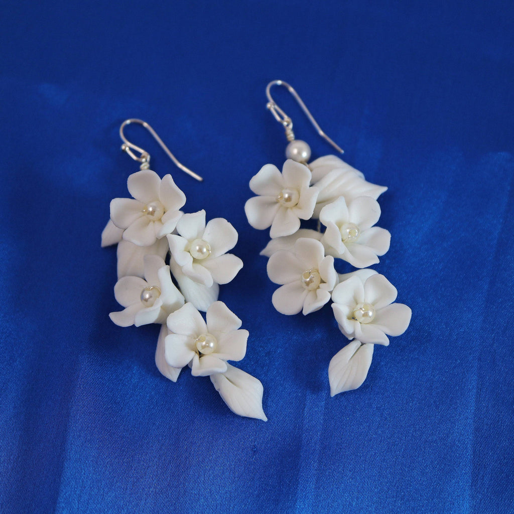 White Flower Petals Pearl Earrings, Long Bridal Jewelry Bridal Earrings Crystal Bridal Earrings Statement Earrings Cz