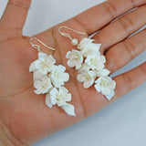 White Flower Petals Pearl Earrings, Long Bridal Jewelry Bridal Earrings Crystal Bridal Earrings Statement Earrings Cz