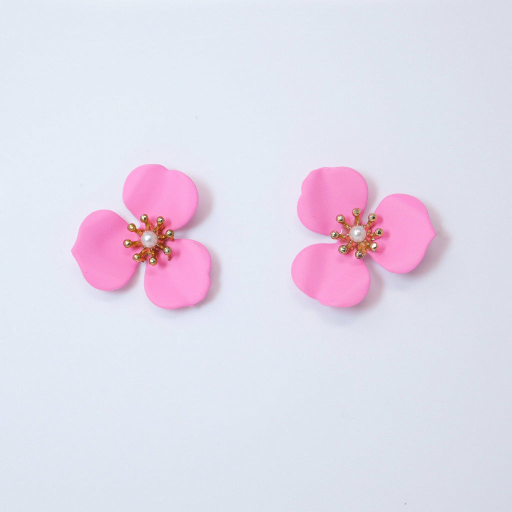 Three Petal Pink Flower Pearl Earrings, Bridal Jewelry, Bridal Stud Earrings, Bridal Earrings, Statement Earrings, Bridesmaid Earring.