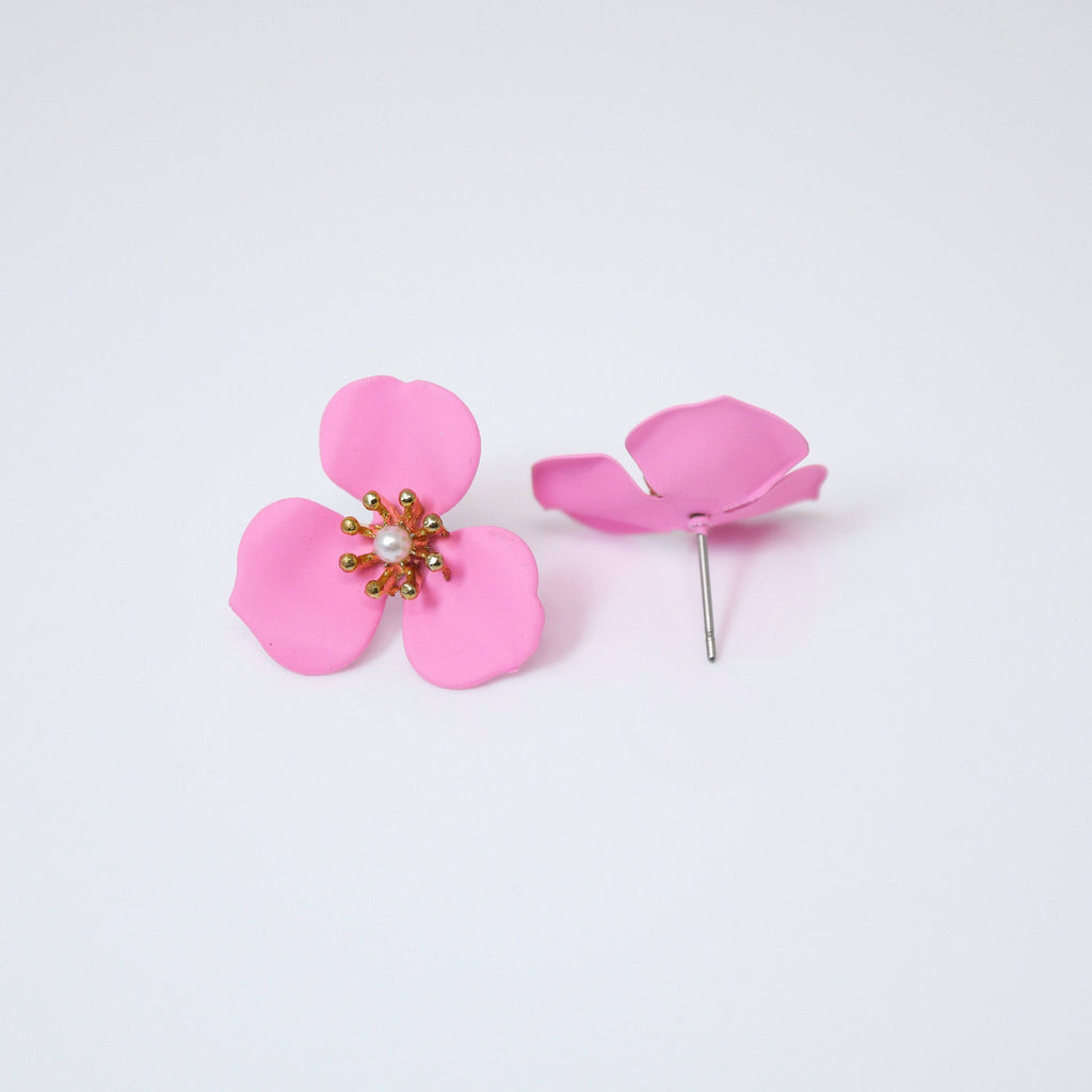 Three Petal Pink Flower Pearl Earrings, Bridal Jewelry, Bridal Stud Earrings, Bridal Earrings, Statement Earrings, Bridesmaid Earring.