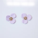 Three Petal Lavender Flower Pearl Earrings, Bridal Jewelry, Bridal Stud Earrings, Bridal Earrings, Statement Earrings, Bridesmaid Earring.