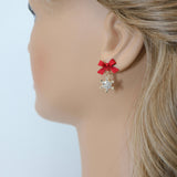 Red Bow Gold Crystal Snowflake Drop Christmas Themed earrings, Star Christmas Earrings Statement Christmas earrings.