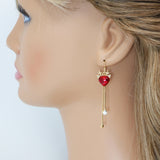 Gold Reindeer's Red Heart Rhinestone tassel Christmas Themed earrings, Long Tassel Christmas Earrings Statement Christmas earrings.