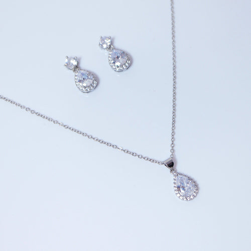 Swarovski Crystal Sterling Silver Dainty Teardrop Necklace And Earrings Set , Bridal Jewelry, Statement Earrings Cz, Necklace Set