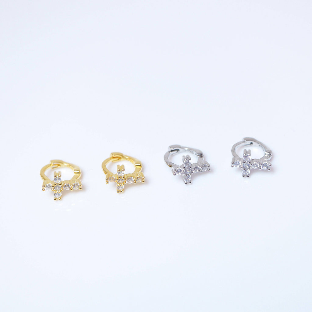 6mm Swarovski Crystal 14k Gold And Sterling Silver Cross Cartilage Hoop Earrings, Statement Earrings, Upper Helix Hoop Earrings.