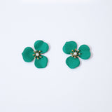 Three Petal Green Flower Pearl Earrings, Bridal Jewelry, Bridal Stud Earrings, Bridal Earrings, Statement Earrings, Bridesmaid Earring.