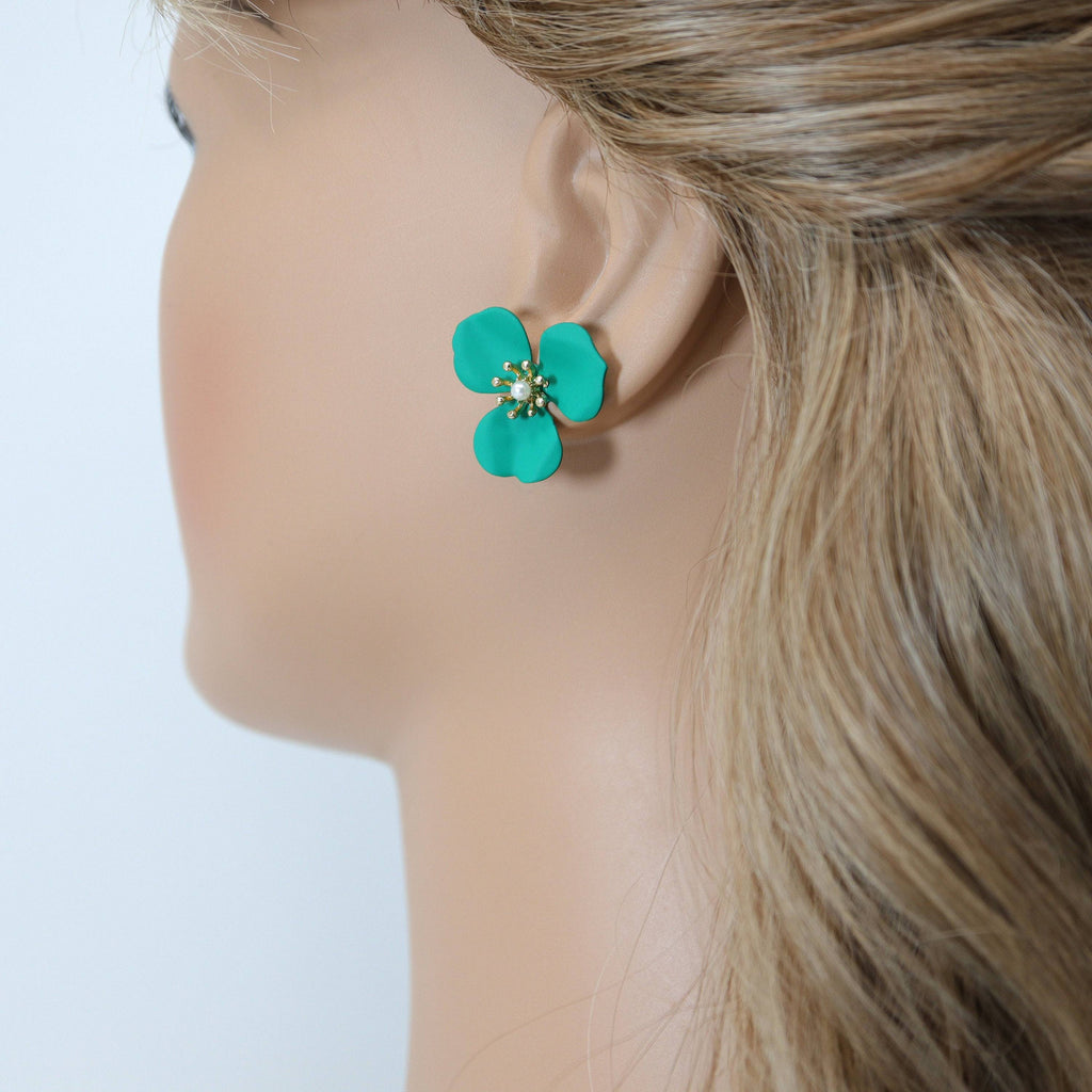 Three Petal Green Flower Pearl Earrings, Bridal Jewelry, Bridal Stud Earrings, Bridal Earrings, Statement Earrings, Bridesmaid Earring.