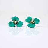 Three Petal Green Flower Pearl Earrings, Bridal Jewelry, Bridal Stud Earrings, Bridal Earrings, Statement Earrings, Bridesmaid Earring.