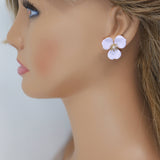 Three Petal Lavender Flower Pearl Earrings, Bridal Jewelry, Bridal Stud Earrings, Bridal Earrings, Statement Earrings, Bridesmaid Earring.