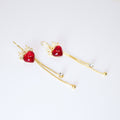 Gold Reindeer's Red Heart Rhinestone tassel Christmas Themed earrings, Long Tassel Christmas Earrings Statement Christmas earrings.