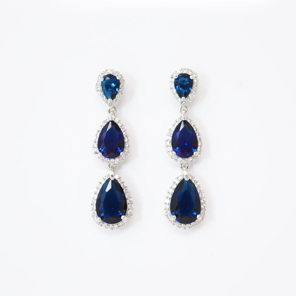 Royal Blue Drop Crystal/Diamond Earrings, Long Bridal Jewelry, Bridal Earrings, Crystal Bridal Earrings, Statement Earrings Cz