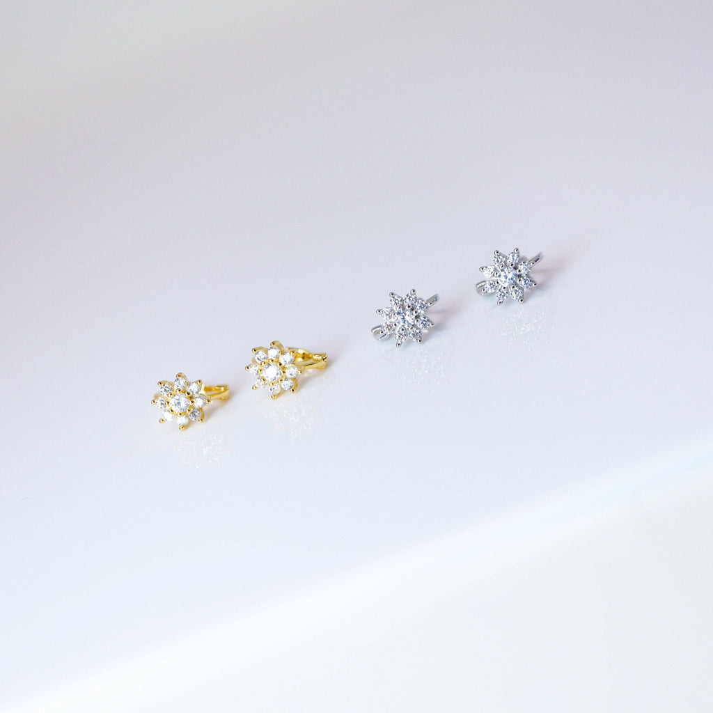 6mm Swarovski Crystal 14k Gold And Sterling Silver Flower Cartilage Hoop Earrings, Statement Earrings, Upper Helix Hoop Earrings.