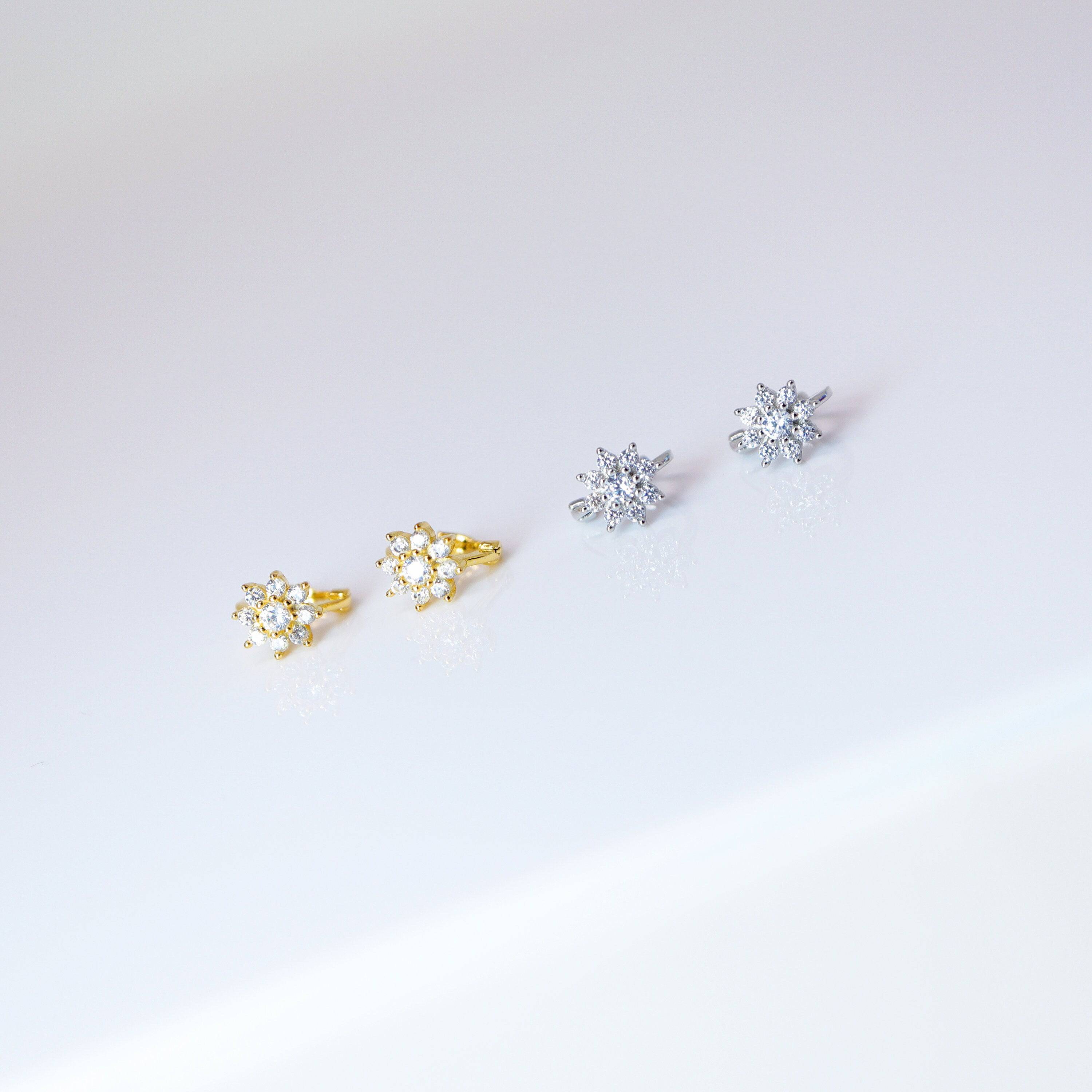 6mm Swarovski Crystal 14k Gold And Sterling Silver Flower Cartilage Hoop Earrings, Statement Earrings, Upper Helix Hoop Earrings.
