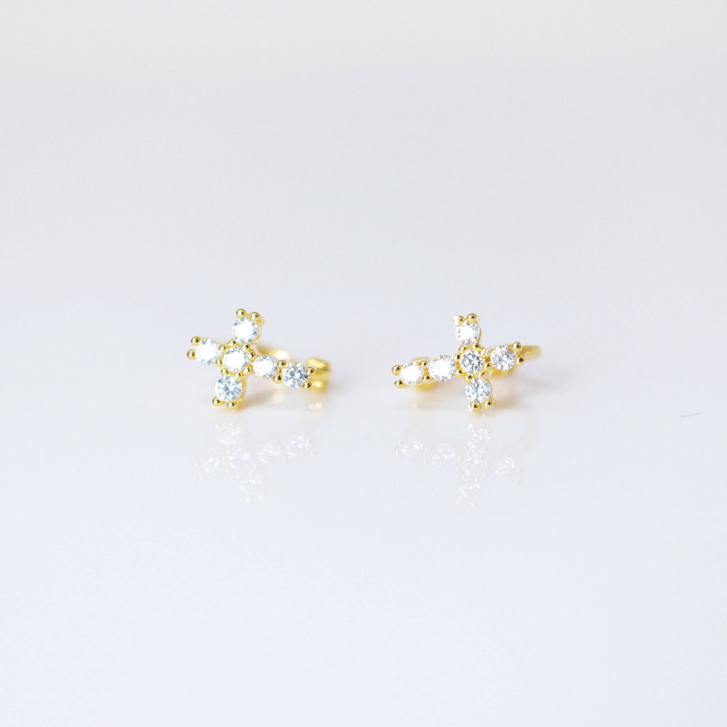 6mm Swarovski Crystal 14k Gold And Sterling Silver Cross Cartilage Hoop Earrings, Statement Earrings, Upper Helix Hoop Earrings.