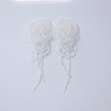 White Rose Floral Crystal Rhinestone Earrings, Long Bridal Jewelry Bridal Earrings Crystal Bridal Earrings Statement Earrings