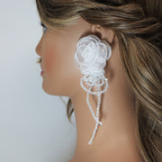 White Rose Floral Crystal Rhinestone Earrings, Long Bridal Jewelry Bridal Earrings Crystal Bridal Earrings Statement Earrings