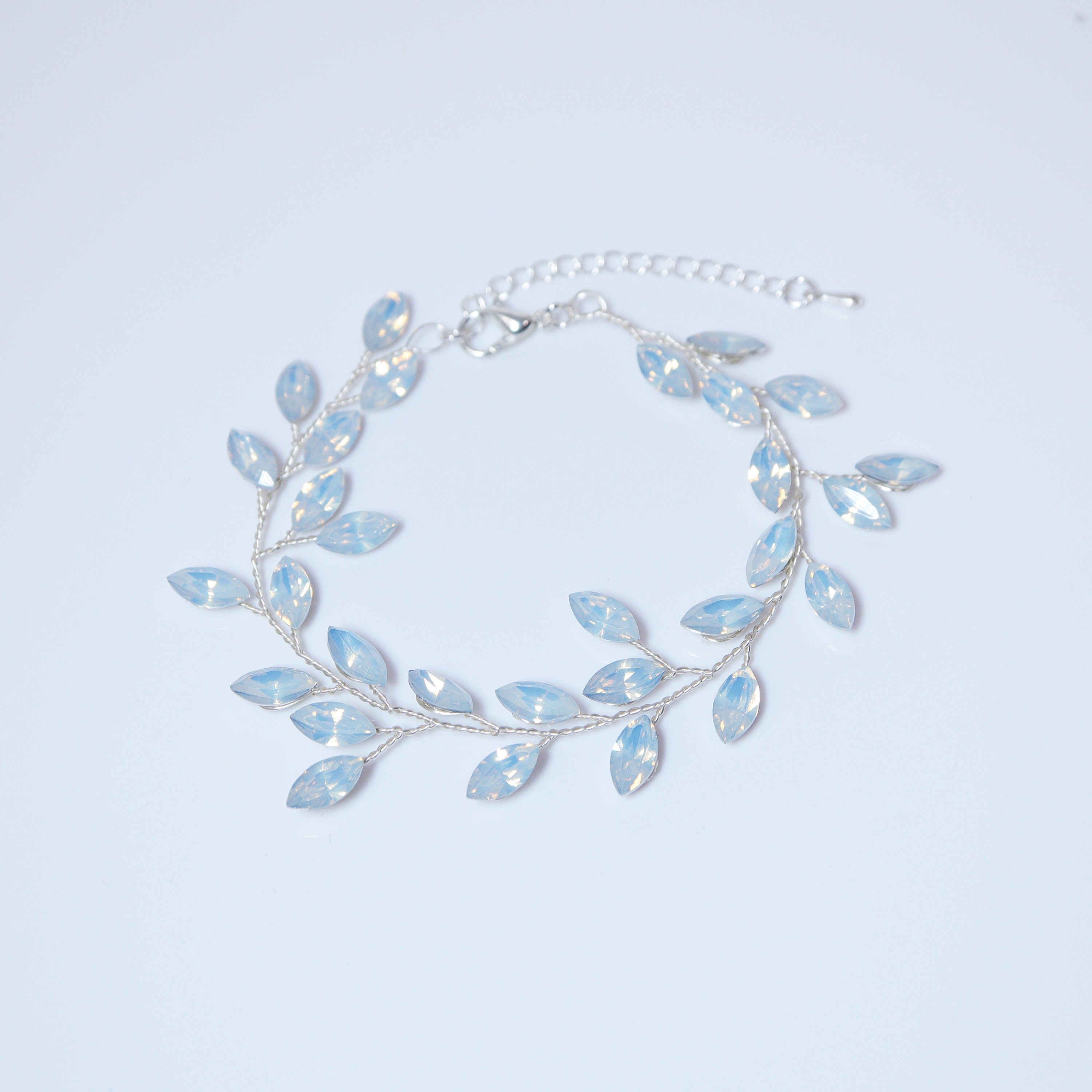 Clear Stone Rhinestone Bracelet, Vine Leaves Bracelet, Statement Bracelet, Opal Bracelet, Gift for her, Custom Gift.