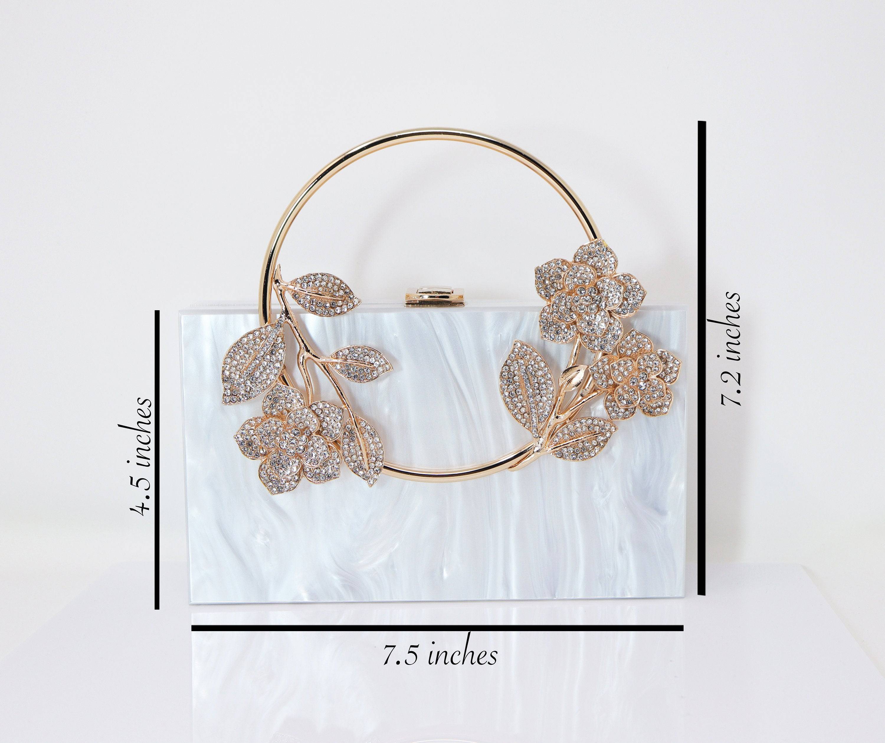 White Gold Floral Acrylic Rhinestones Wedding Bag, Statement Bag, Evening Clutch, Wedding Clutch, Bridal Clutch, Bridal Cross body bag.